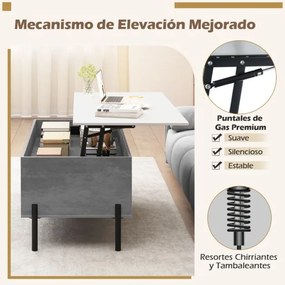 Mesa de centro 100 x 50 x 45 cm elevável com tampo ajustável, amplo compartimento oculto e 3 espaços abertos, com pés em metal cinzenta