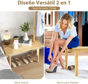 Cabide entrada com Mesa de apoio 2 em 1 de madeira maciça para quarto com sapateira e 3 cabides para casacos 76 x 43 x 168 cm Natural