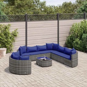 10 pcs conjunto sofás de jardim c/ almofadões vime PE cinzento