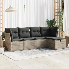 5 pcs conjunto sofás de jardim c/ almofadões vime PE cinzento