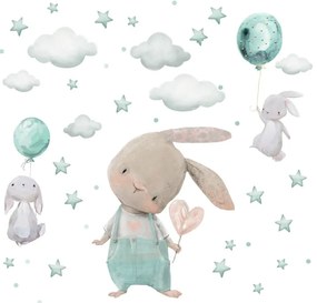 Autocolantes de parede infantis – Coelhinhos com estrelas em tons de menta