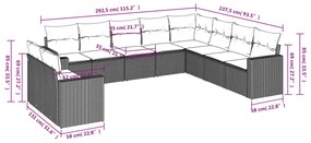 10 pcs conj. sofás jardim com almofadões vime PE cinzento-claro