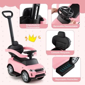 Carro de empurrar 3 em 1 para crianças de 18 a 36 meses com alça removível com buzina e som Rosa