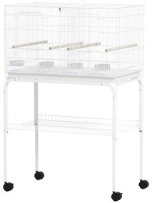 Gaiola para Pássaros com Divisória Rodas Gaiola para Aves com Comedouros Poleiros e Bandeja Removível 76x46x116 cm Branco