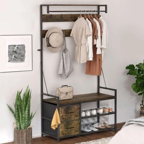 Móvel Cabide de Entrada com Banco 10 Ganchos 2 Gavetas e Barra para Pendurar Estilo Industrial 100x40x180 cm Castanho Rústico
