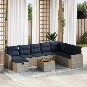 9 pcs conjunto sofás p/ jardim com almofadões vime PE cinzento