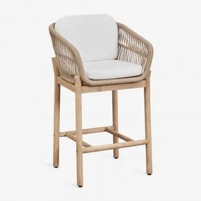Taburete Alto De Jardim Em Madeira De Acácia E Corda Trançada Karvia ↑65 Cm & Marrom Acácia Claro & Tecido Branco - Sklum