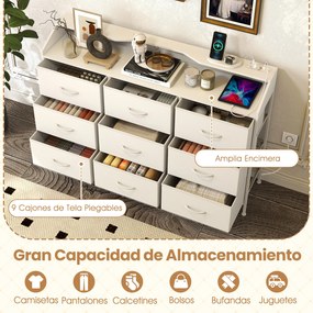 Cómoda para quarto com luzes LED 126 x 29 x 84 cm, base de carregamento, 9 gavetas em tecido e Estrutura metálica para televisores até 58", branca
