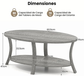 Mesa de Centro Oval 2 níveis 111 x 60,5 x 47 cm com prateleira de armazenamento cinzento