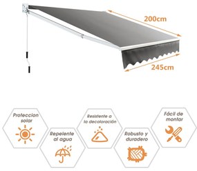 Toldo retrátil 245 x 200 cm com manivela manual para parede, porta, janela Cinzento