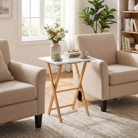 Conjunto de 2 mesas apoio dobráveis de bambu 48 x 35 x 64 cm, refeições e sofá; portátil; ideal para espaços pequenos quarto e sala de estar branco