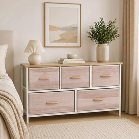Cómoda com 5 Gavetas de Tecido Cómoda para Quarto Estrutura Metálica 100x30x51.5 cm Madeira e Branco