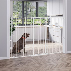 Barreira para cães em aço, com 3 painéis dobráveis, fecho duplo e porta integrada, para portas e escadas, branca