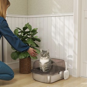 Caixa de Areia para Gatos Fechada com Bandeja em Aço Inoxidável Bordas Altas Pá para Gatos Grandes 53x42x27 cm Cinzento