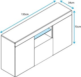 Aparador Elma de 135 cm com Luz LED - Branco e Preto Mate - Design Mod