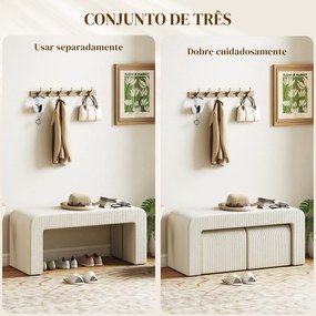 Conjunto de 3 Bancos Grande e 2 Pequenos Bancos Modernos em Veludo 104x44x48 cm Creme