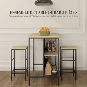 Conjunto de mesa de bar e 2 bancos de estilo industrial com prateleira de arrumação, apoio para os pés, em metal preto e com aspeto de madeira