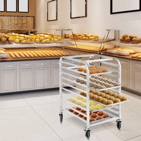 Estante de padaria de alumínio de 10 camadas para uso doméstico e comercial em carrinho de resfriamento de cozinha com rodas
