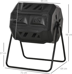 Compostor de jardim - Caixote de compostagem para resíduos - Rotativo a 360° - Dupla câmara 160 L - Aço PP preto