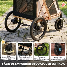Carrinho para Cães Dobrável até 20 kg com Rodas Grandes Suspensão e Travão Janelas de Rede Almofada Castanho Claro