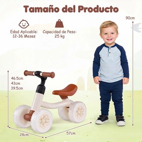 Bicicleta de Equilíbrio para Bebés, 57 x 28 x 39,5 cm, Rodas Luminosas, Branco