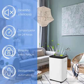 HOMCOM Desumidificador Elétrico Depósito de Água 6 Litros 20L/Dia com 4 Modos 2 Velocidades Ecrã LED Temporizador Silencioso para Dormitório Sala de Estar Cozinha 33,5x26x53 cm Branco