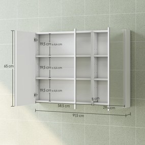 Armário de Casa de Banho com Espelho Armário de Parede Casa de Banho Suspenso com 3 Portas Prateleiras Ajustáveis 91,5x11,5x65 cm Branco