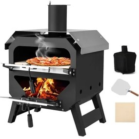 Forno de pizza a lenha para área externa de 16 polegadas e 2 camadas com pedra quadrada - preto