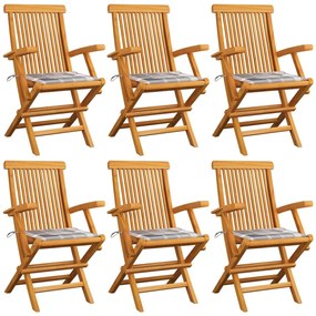 vidaXL Cadeiras de jardim c/ almofadões xadrez cinzento 6 pcs teca