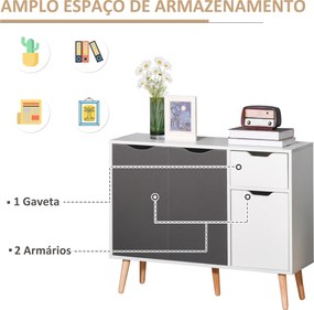 Aparador Móvel Auxiliar de Armazenamento com 2 Armários de Porta Gaveta Pés de Madeira 90x30x72 cm Cinza e Branco
