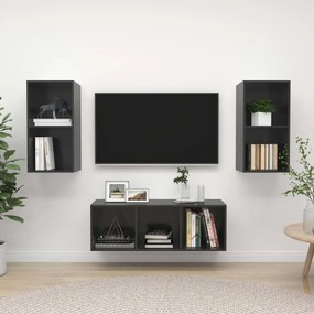3 pcs conjunto de móveis de TV contraplacado cinzento brilhante
