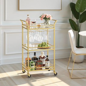 Carrinho de serviço bar com garrafeira com 3 níveis, com rodas 30 x 46,8 x 92 cm dourado