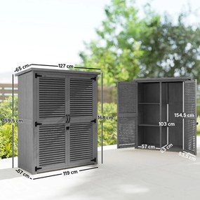 Armário de Jardim 0,83 m² 127x65x168 cm com 2 Portas de Persiana 2 Estantes e Telhado Impermeável Cinza