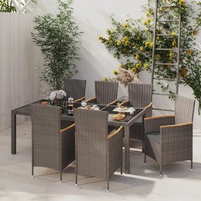 vidaXL 7pcs conjunto jantar exterior c/ almofadões vime PE preto/cinza