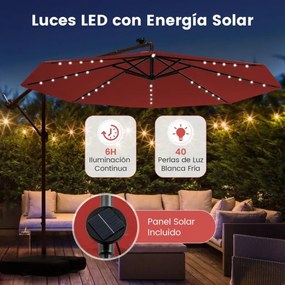 Guarda-sol de 3m com pega 32 luzes LED Painel solar com base de saco de areia pátio jardim piscina Cor Vinho