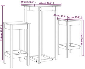 3 pcs conjunto de bar pinho maciço branco