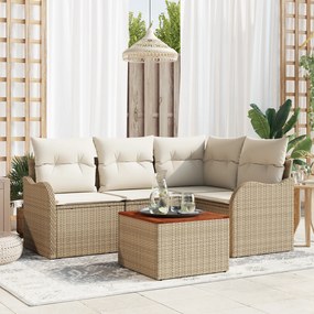 Conjunto de Sofá Garden de 5 Peças com Almofadas Bege de Rattan Polietileno Acácia