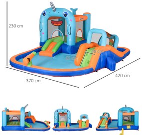 Castelo Insuflável para Crianças de 3-8 Anos com Escorrega Trampolim Piscina Castelo Insuflável com Inflador e Bolsa de Transporte para Exterior 420x3