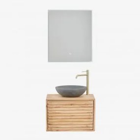 Conjunto De Móvel De Casa De Banho Suspenso 60x45 Cm Em Madeira Deleyna Madeira Natural & Cimento Cinzento Redondo Ø40 Cm Tarsis & Led - Sklum