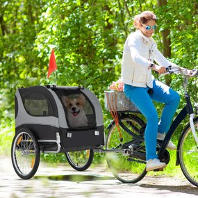 Reboque de bicicleta para animais de estimação com rodas Capacidade 40 kg Transportador de 2 portas para cães médios 60,5 x 135 x 95 cm Cinza