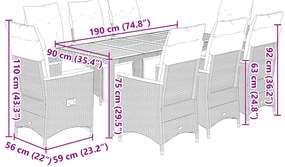 9 pcs conjunto de bistrô p/ jardim c/ almofadões vime PE preto