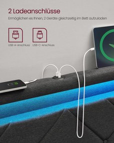 Estrutura de cama em metal 90 x 200 cm (COLCHÃO NÃO INCLUIDO) com iluminação LED nas gavetas e cabeceira cinzento escuro