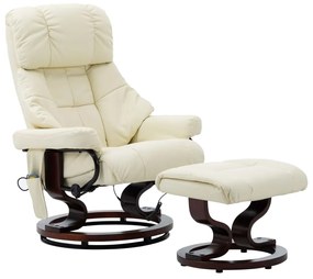 vidaXL Poltrona reclinável massagens couro artif./madeira curva creme
