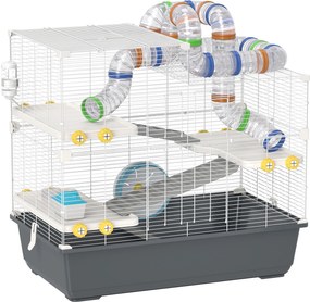 PawHut Gaiola para Hamsters Anões, 4 Andares, Sistema de Túneis, Casinha, Acessórios, Abertura Superior, 78 x 45 x 73 cm, Cinza | Aosom Portugal