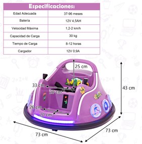 Carrinho de choques para crianças 12V com rotação de 360° Controlo remoto Luzes de controlo remoto Música incorporada 73 x 73 x 43cm Púrpura