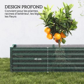 Floreira de horta elevada em aço galvanizado  240 x 40 x 45 cm, com barras de suporte e placas de canto, fundo aberto, verde