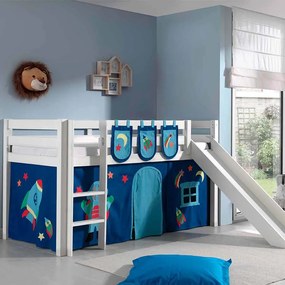 Conjunto Cama alta de Criança PINO 90 x 200 cm + estrado + escada + escorrega + cortina + 3 bolsas Astronauta branca