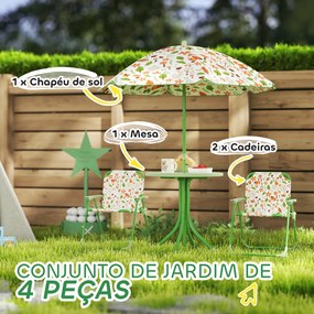 Conjunto de Mesa e Cadeiras para Crianças de Jardim com Cadeiras Dobráveis Chapéu de Sol Ajustável e Desenho de Raposas Verde