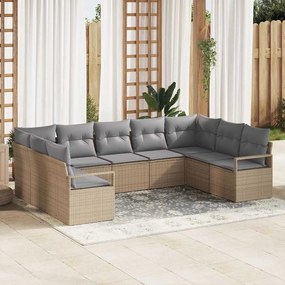 Conjunto de Sofá de Jardim com 9 Peças e Almofadas Bege de Vime Poli