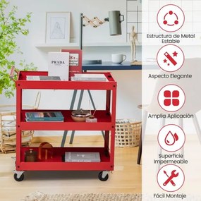 Carrinho 77,5 x 38 x 79 cm de 3 níveis de alta capacidade de metal com 3 prateleiras e pega ergonómica com Rodas para cozinha. escritorio Garagem Verm